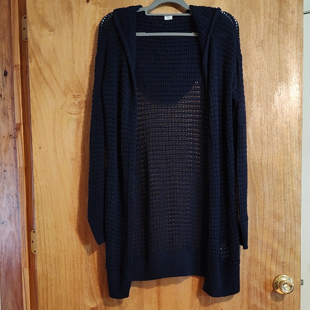 Gap Womens Open-Weave Crochet Hooded Cardigan Navy Blue Open-Front 100% Cotton M